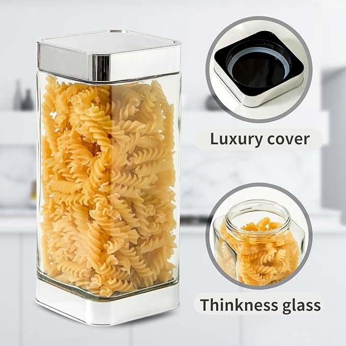 Glass Storage Jars-Large Kitchen Glass Canisters with Airtight Lids -Coffee Pasta Sugar Tea Snack Nuts Cookie Flour Food Container - Set of 3, Silver