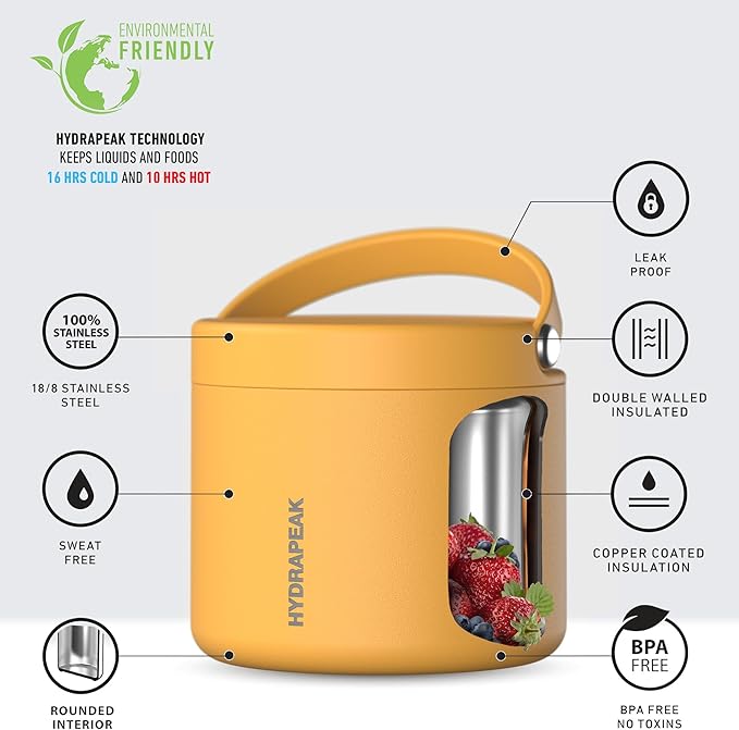 Hydrapeak 18oz Stainless Steel Vacuum Insulated Thermos Food Jar | Thermos for Hot Food and Cold Food, Wide Mouth Leak-Proof Soup Thermos for Adults, 10 Hours Hot and 16 Hours Cold (Tangerine)