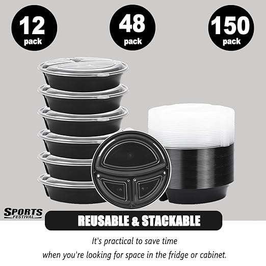 48 Pack Meal Prep Containers, 33 OZ Round Bento Box, 3 Compartment Divided Food Storage Durable Stackable Reusable, BPA Free, For Microwave, Dishwasher, Freezer(48 Trays & 48 Lids)