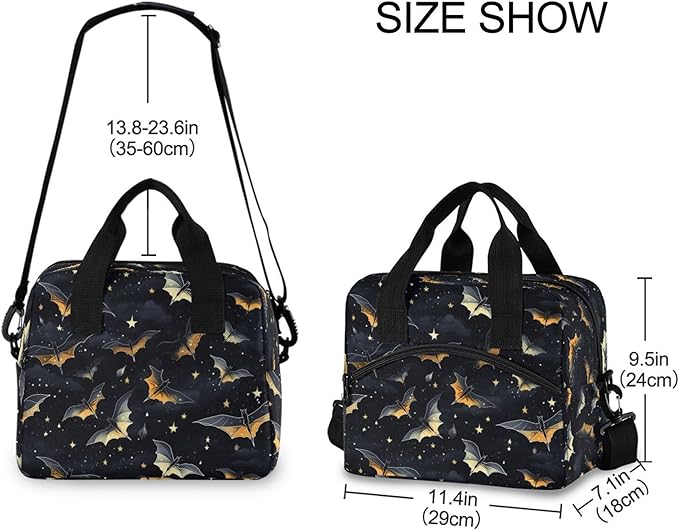 MNSRUU Insulated Lunch Bag Gothic Skull Bat Women Men Fabric Dinner Tote Cooler Bag Reusable Leakproof Lunch Box with Adjustable Shoulder Handles Strap For Work School