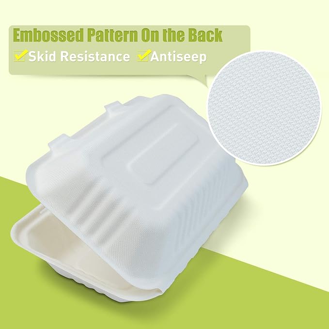 Green Earth 9x6x3 inch, 125-Count, 1-Compartment, Compostable Clamshell, Natural Bagasse (Sugarcane Fiber), Take-Out Food Boxes - Biodegradable Containers, Hinged Lid Microwave-Safe Gluten-Free