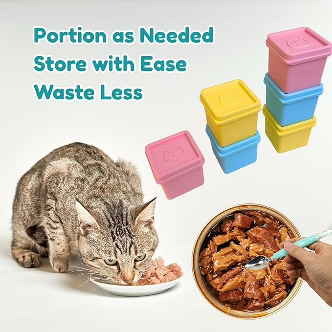 2ME Silicone Pet Food Containers 4Oz each with Scoop - 6 Pack Freezer Safe, Airtight Freshness Lids for Wet Food - Odor-Resistant Dishwasher Trays, Reusable Meal Prep Box to Keep Pet Food Fresh