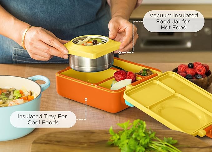OmieBox Bento Box for Kids - Insulated Bento Lunch Box with Leak Proof Food Jar - 3 Compartments, Two Temperature Zones - (Sunshine)