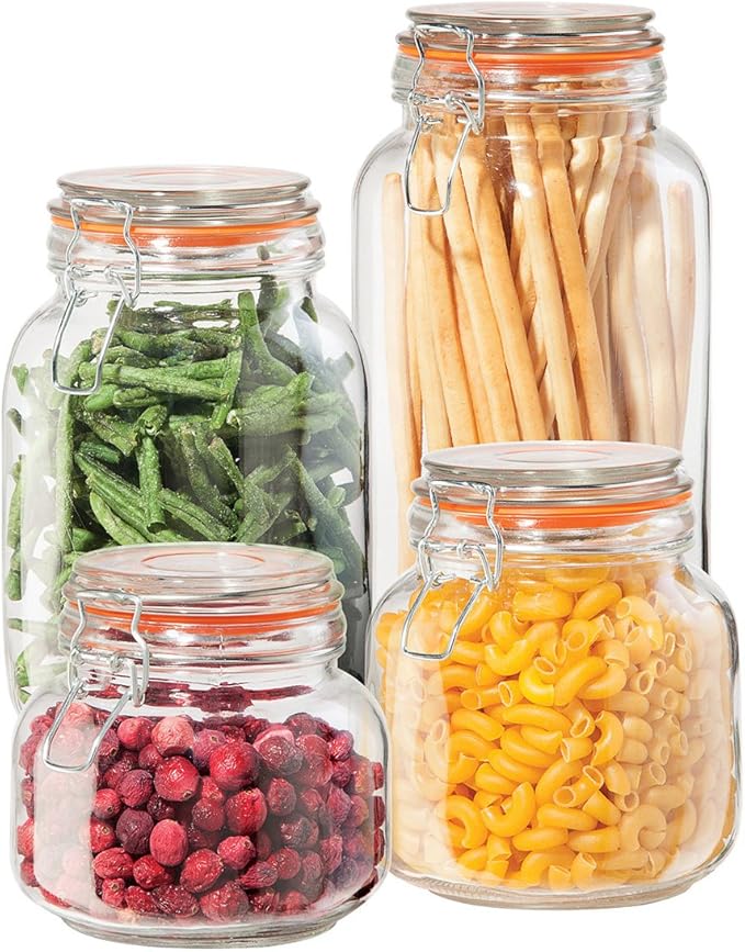 OGGI 4 Piece Airtight Glass Storage Containers Set - Includes 4 Glass Kitchen Canisters with Clamp Lids & Silicone Seals - Farmhouse Kitchen Décor, Kitchen Storage, Pantry Storage, Food Storage
