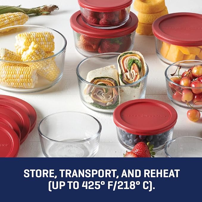 Anchor Hocking 18 Piece Glass Storage Containers with Lids (9 Glass Food Storage Containers & 9 Red SnugFit Lids)
