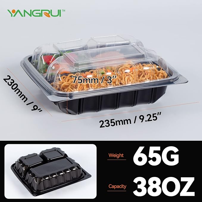 YANGRUI Clamshell Food Containers, Reusable 45 Pack 9.5 Inch 38 oz Anti-Fog Leak Proof Shrink Wrap 3 Compartment To Go Container BPA Free Microwave Freezer Safe Plastic Meal Prep Boxes