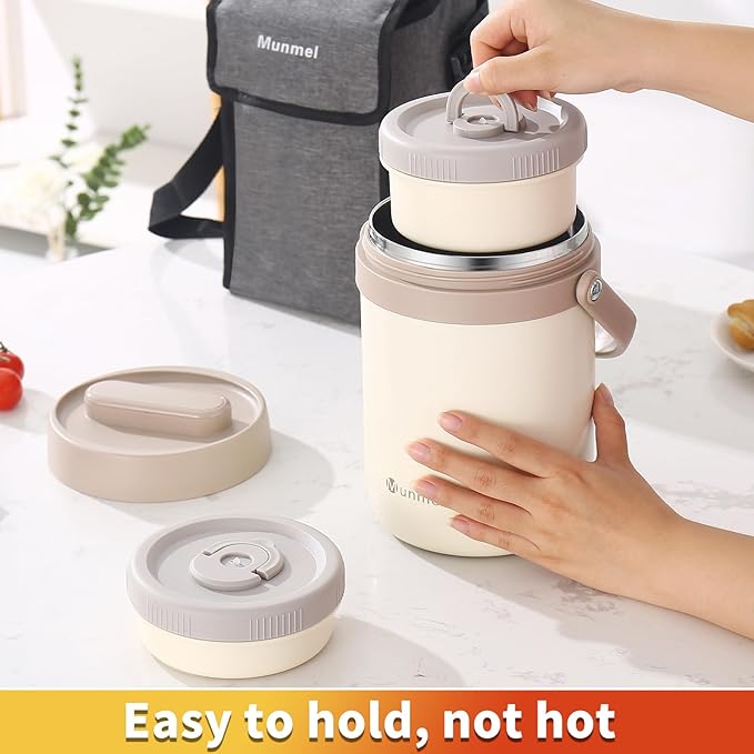 Adults Lunch Vacuum Soup Thermos For Hot Food with Inserts Stackable Bento Box Storage Container,Width Mouth Stainless Steel Portable Insulated Food Jar (white, 74 oz)