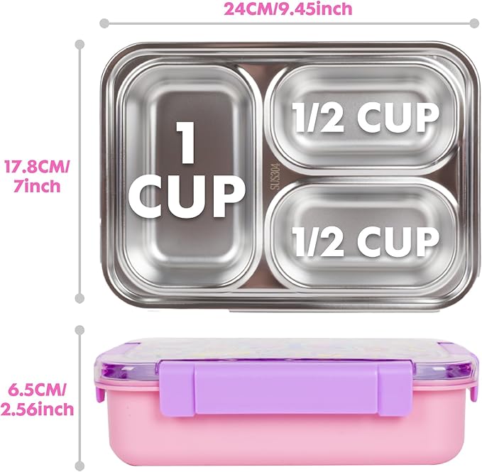 Stainless Steel Bento Lunch Box for Kids, 710ml/23.5oz BPA-Free Leak-Proof Food Containers with 3 Compartments, Back to School Students Daycare Lunches Snack Container Size for Ages 3-7
