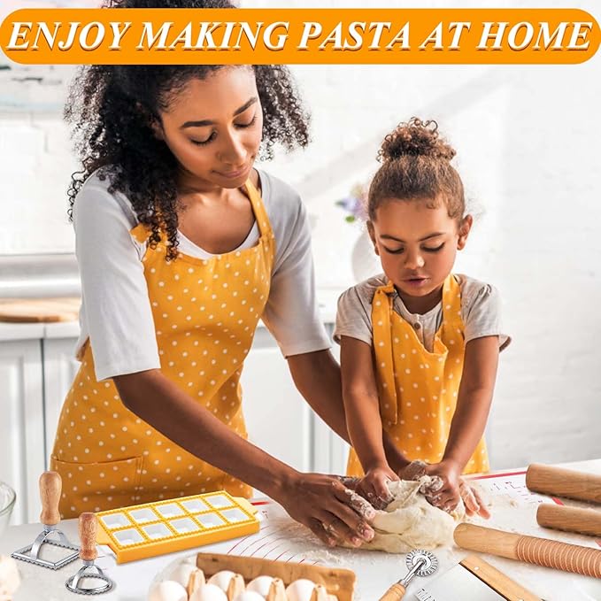 Pasta Making Tools, 10 Piece Wood Pasta Making Kit with 3 Rolling Pins, 1 Gnocchi Board, 1 Dough Cutter, 1 Ravioli Cutter, 1 Ravioli Maker, 2 Pasta Stamps, 1 Baking Mat, Ravioli Pasta Set for Kitchen