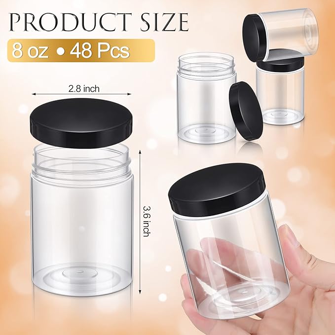 Aoriher 48 Pcs 8oz Plastic Mason Jars with Lids Round Clear Plastic Jars Containers Refillable Small Empty Storage Containers Food Canisters for Kitchen Storage(Black)
