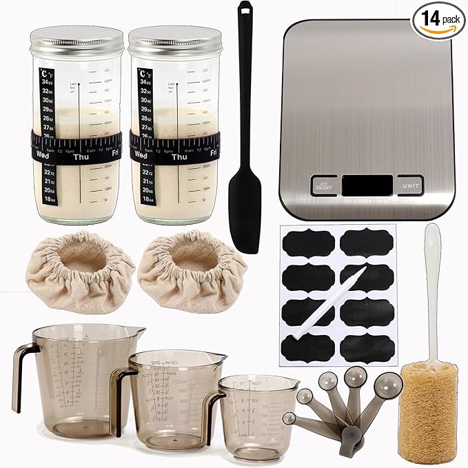 14pcs Sourdough Starter Jar Kit for Sourdough Bread Baking with Date Marked Feeding Band, Thermometer, Scraper, Digital Kitchen Scale,3 x Measuring Cups and 5 in 1 Spoons, Cleaning Cloth