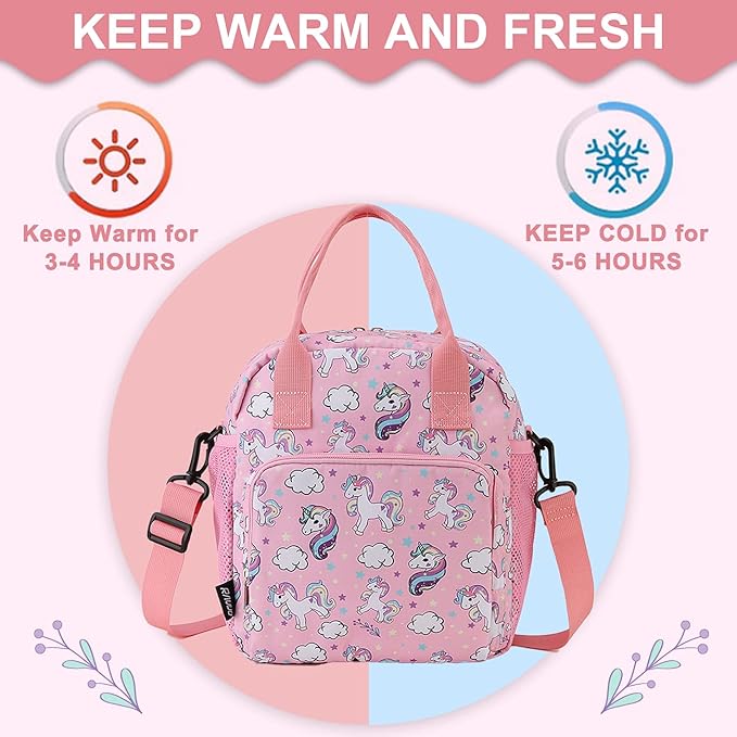RAVUO Unicorn Lunch Bag Water Resistant Insulated Cute Girls Lunch Box for Kids Reusable Lunch Tote with Detachable Shoulder Strap