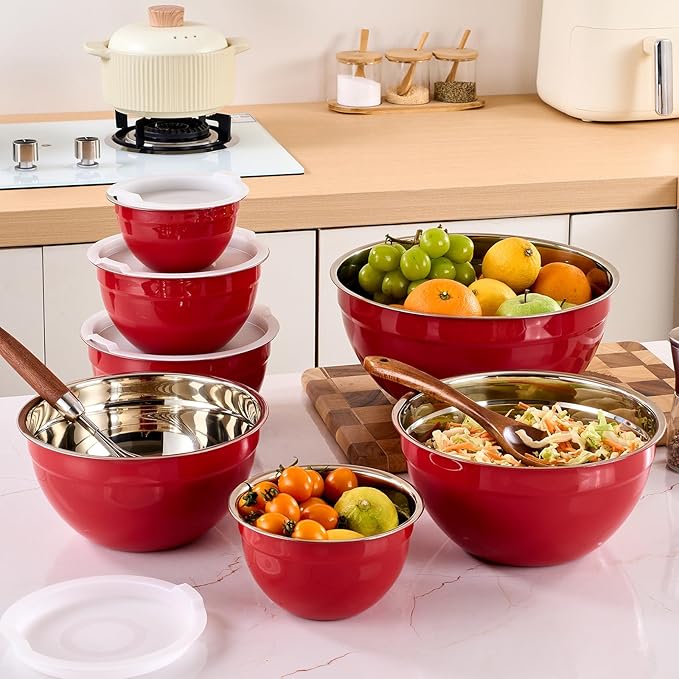 Red Mixing Bowls with Airtight Lids, Stainless Steel Nesting Mixing Bowls Set of 7, Ideal for Baking, Prepping and Serving Food, Size 7, 3.6, 2.7, 2.1, 1.5, 1.1,0.8 QT, Stackable Design