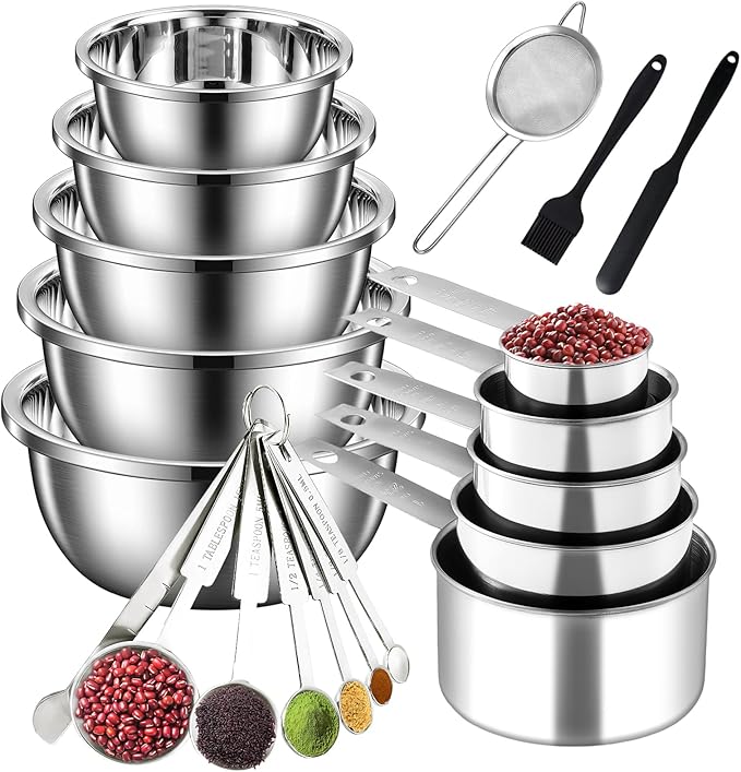 20Pcs Mixing Bowl Set,Stainless Steel Mixing Bowls,Large Nesting Bowls 4.1/3.2/2.4/2.1/1.4QT with Measuring Cups and Spoons Set,Fine Mesh Strainer,Jar Spatula,Brush for Baking Utensils Metal Bowl