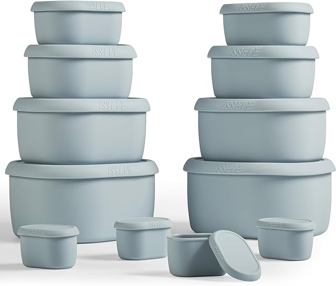 ISSEVE 12Pcs/Set Nesting Silicone Food Storage Containers with Lids, BPA Free Reusable Meal Prep Silicone Containers Airtight, Freezer Dishwasher Safe (33.8oz, 20oz, 10oz, 6.7oz, 1.3oz) (Grey)