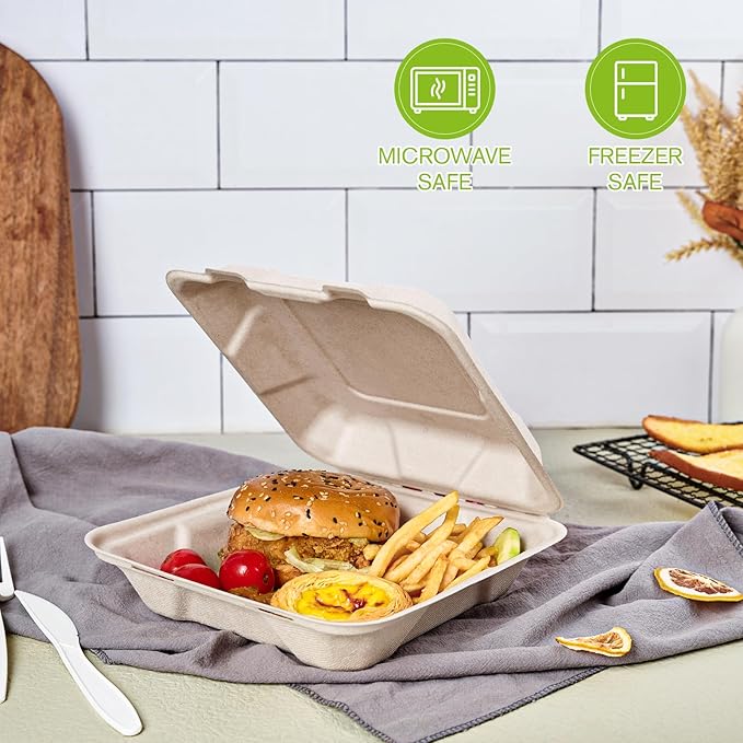 ECOLipak 50 Pack Clamshell To Go Containers, 100% Compostable Disposable Take Out Food Containers, 8X8 inch Heavy-Duty To Go Boxes, Eco-Friendly Biodegradable Take Out Containers For Food