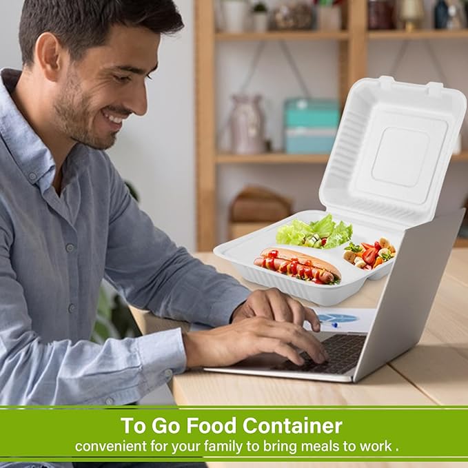 9x9 Clamshell Food Containers, 100 Pack Disposable Take Out Food Container With 3 Compartments, Compostable To Go Boxes, Eco Friendly To Go Containers With White Bagasse