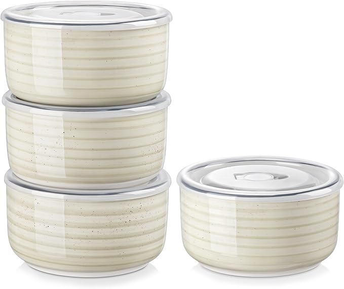 vancasso Bonbon Ceramic Bowls with Lids Set of 4, 36 oz Microwave Safe Soup Bowls, Airtight Food Storage Containers for Meal Prep, Salad, Cereal, Leftovers, Lunch, and Serving, Beige