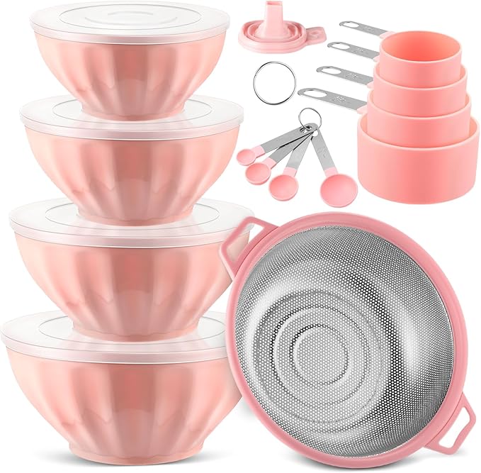 4 Pcs Mixing Bowls with Lids Plastic Nesting Bowls Set with Stainless Steel Colander 8 Pcs Measuring Cups and Spoons Set and Foldable Kitchen Funnel for Kitchen Cooking Accessories (Pink)