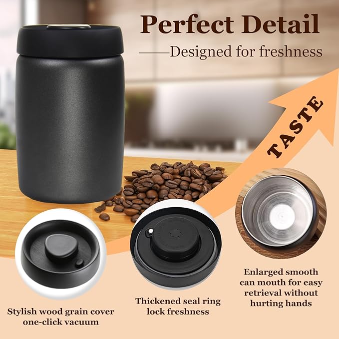 Coffee Vacuum Canister - 16oz Airtight Stainless Steel Food Storage | Press Out Excess Air, Perfect for Coffee Beans & Tea