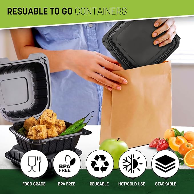 8X8X3 50-Pack Plastic Clamshell Takeout Food Trays Heavy Duty Disposable Box For Pasta Salad Sandwich Carryout Meal Prep Packaging Catering Hinged Containers With Secure Snap Lid - Black