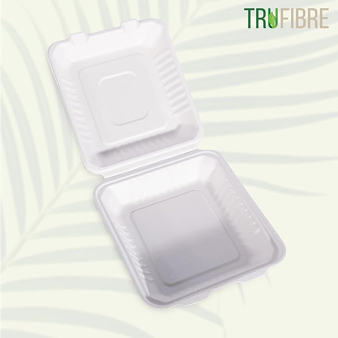 8 x 8 50 Pack White Clamshell Take Out Containers, 100% Biodegradable Compostable Bagasse, Disposable To Go Food Containers with Lids in Bulk