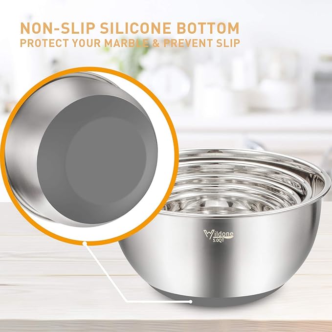 Wildone Mixing Bowls with Lids Set, 5PCS Stainless Steel Grey Nesting Bowls with 3 Grater Attachments, Measurement Marks & Non-Slip Bottoms, Size 5, 3, 2, 1.5, 0.63 QT, Great for Mixing & Serving