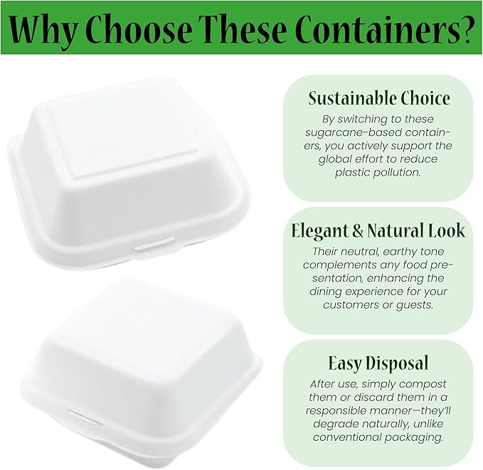 100% Compostable Clamshell Single Compartment Take Out Food Containers 6x6". 25 Containers, Natural Disposable Bagasse, Eco-Friendly Biodegradable Made of Sugar Cane-Package of 25ct