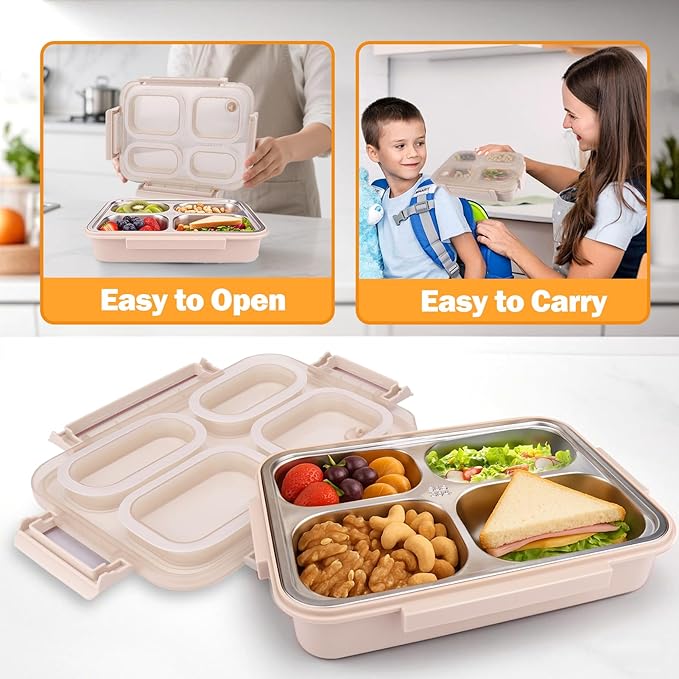 Mity rain Stainless Steel Bento Box for Kids & Adults - 4 Compartments Lunch Box Kids, BPA-Free Leakproof Food Container, Durable & Dishwasher Safe for School/Office/Travel, 1000ml