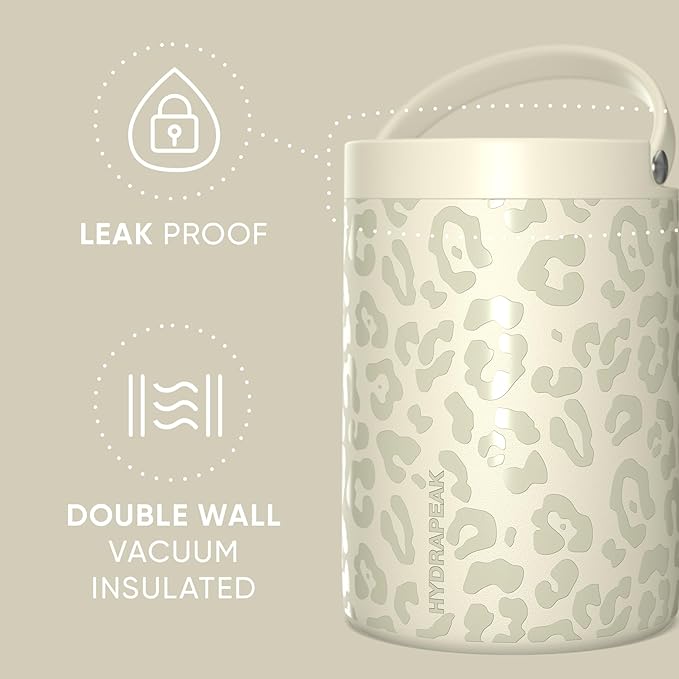 Hydrapeak 32oz Stainless Steel Vacuum Insulated Thermos Food Jar | Thermos for Hot Food and Cold Food, Wide Mouth Leak-Proof Soup Thermos for Adults, 10 Hours Hot and 16 Hours Cold(Cream Leopard)