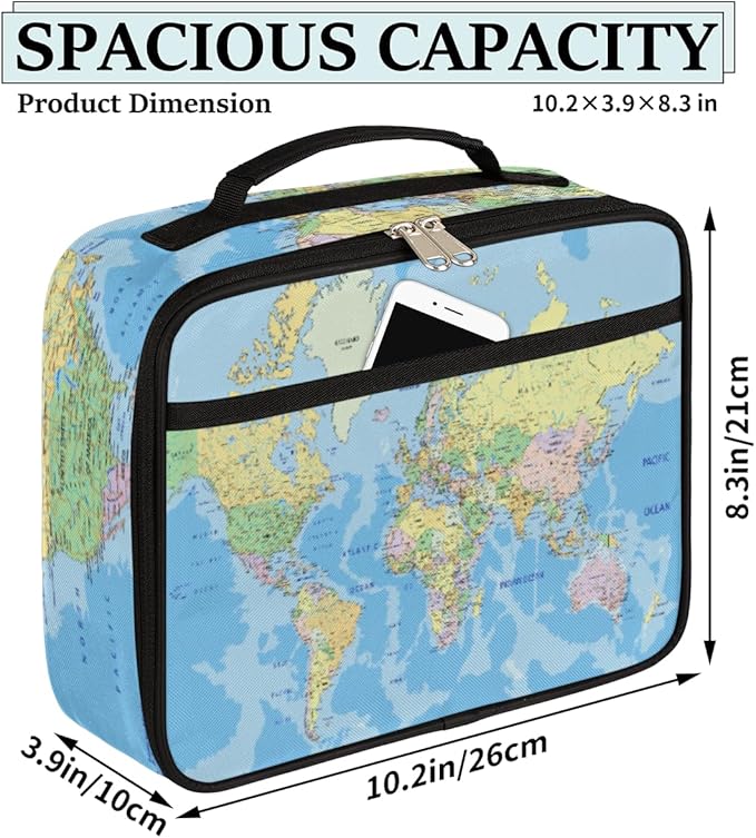 Political World Map Lunch Box for Women Men Map Blue Ocean Soft Insulated Lunch Bag with Handle Freezable Lunch Cooler Reusable Lunch Tote Bag for Office Work Sports Beach Picnic Travel