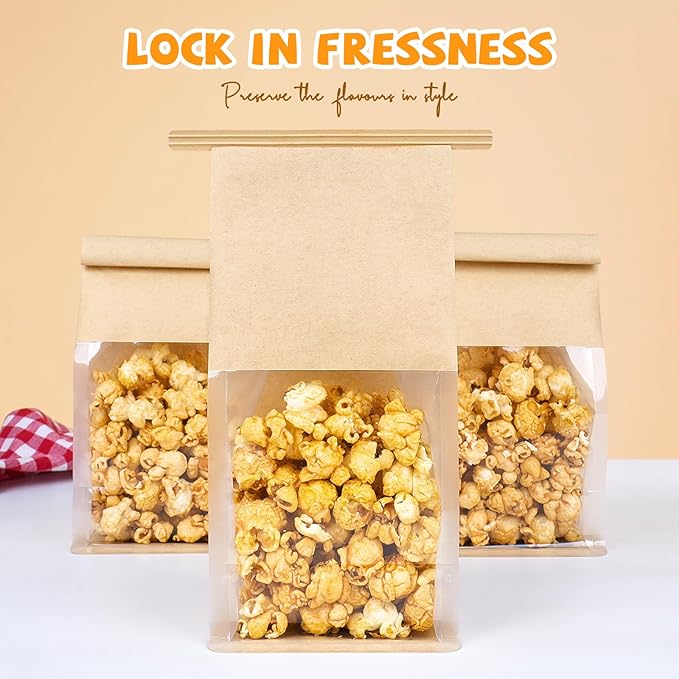 100 Pack Small Bakery Bags with Window, 3.9x3.1x8.2 Inches Tin Tie Tab Lock Cookie Packaging Bag Resealable Paper Treat Bags for Homemade Granola, Popcorn, Candies, Goodies