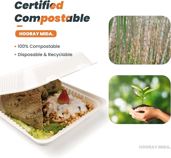 togo Containers Disposable - 50 Pcs 8" x 8" clamshell Take Out Food Containers 100% Compostable, White Biodegradable Meal Prep Box, To Go Containers with Lids for Food (1-Compartment)