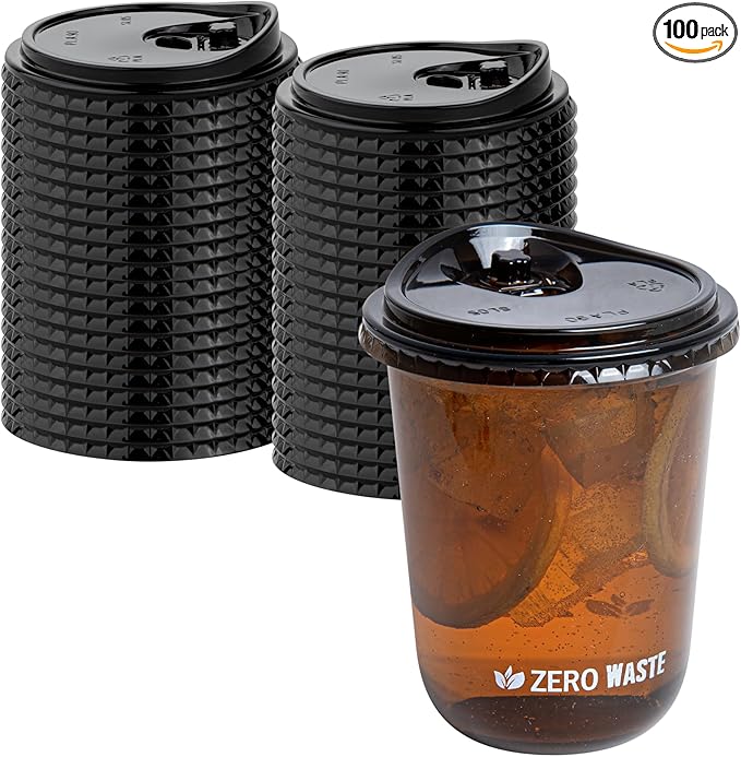 LIDS ONLY: Zero Waste 3.5 x 3.5 Inch Plastic Lid, 100 Disposable Sippy - Cups Sold Separately, Commercially Compostable, Black PLA, Fits 12, 16, and 24 Ounce Cups - Restaurantware