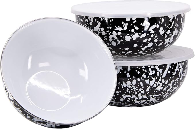 Golden Rabbit Enamelware - Set of 3 - Mixing Bowls (Black Swirl)
