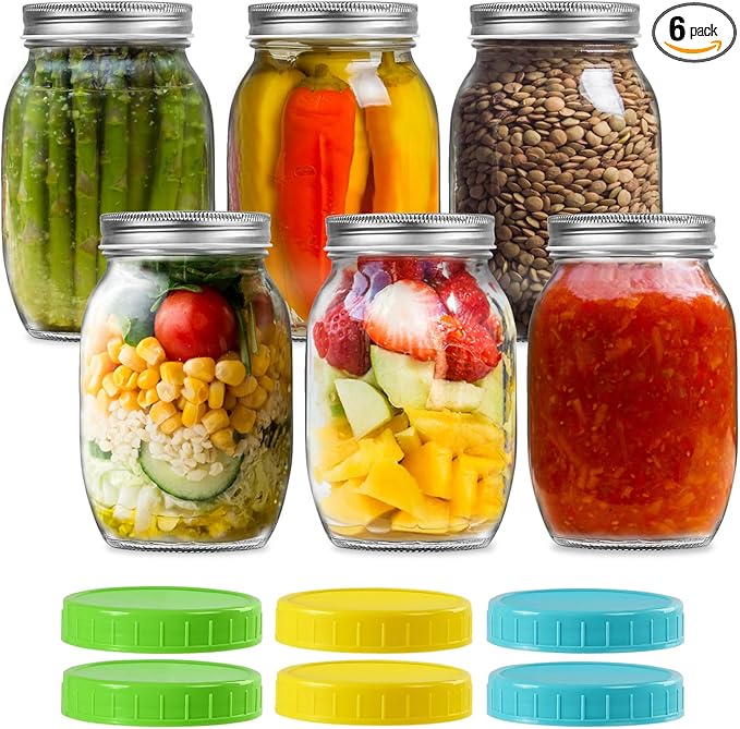 32 oz Wide Mouth Mason Jars with Metal Lids & Plastic Lids, Quart Size Clear Glass Jars for Preserving, Meal Prep, Salad, Canning, Fermenting, Favors, Home Decor, DIY - 6 Pack1 +1