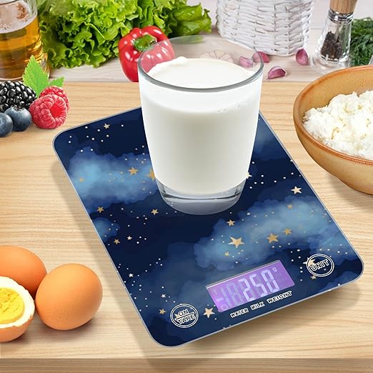 Food Scale Kitchen Digital Scale Food Ounces and Grams Dieting Baking Cooking Waterproof Glass Panels LCD Display,4 Units Scale Tare Function Gold Star Blue Night Sky
