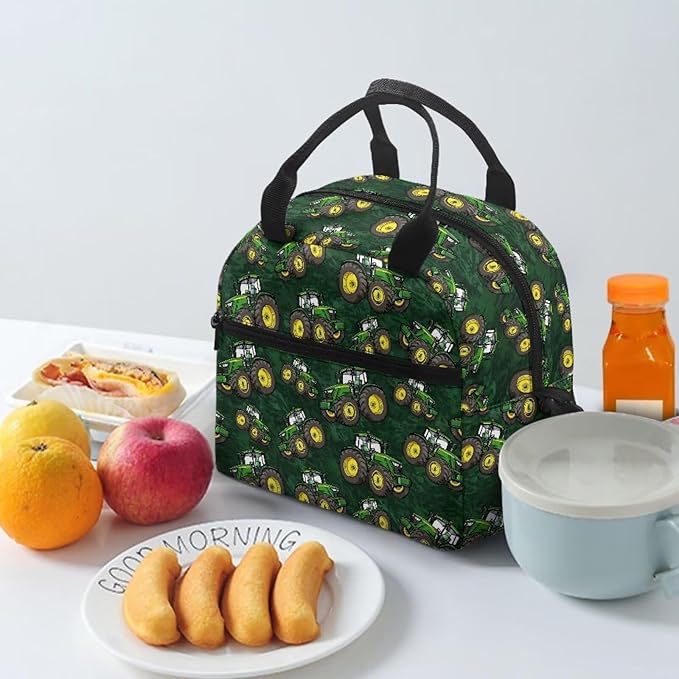 Showudesigns Truck Insulated Lunch Bags for Boys 8-12 Kids Lunch Box Lightweight Food Cooler Tote Bag Primary School Shopping Bag with Shoulder Strap Thermal Organizer Green