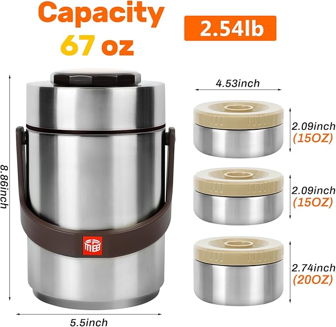 Thermo for Hot Food & Soup 67 Oz, 3-Layer Sealed Stackable Insulated Food Container with Lunch Bag, Ideal for Daily Office Meals, School Lunches and Outdoor Dining