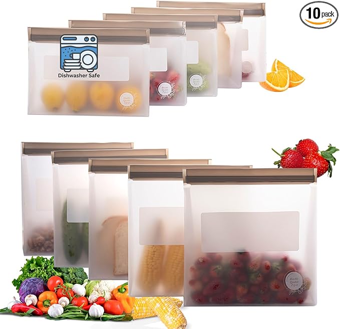 Reusable Silicone Food Storage Bags – 10-Pack Stand-Up, BPA-Free, Freezer, Dishwasher Safe & Eco-Friendly – 5 Gl, 5 L Bags – Airtight Leakproof Silicone Ziplock Bags for Kitchen Storage (Grey)