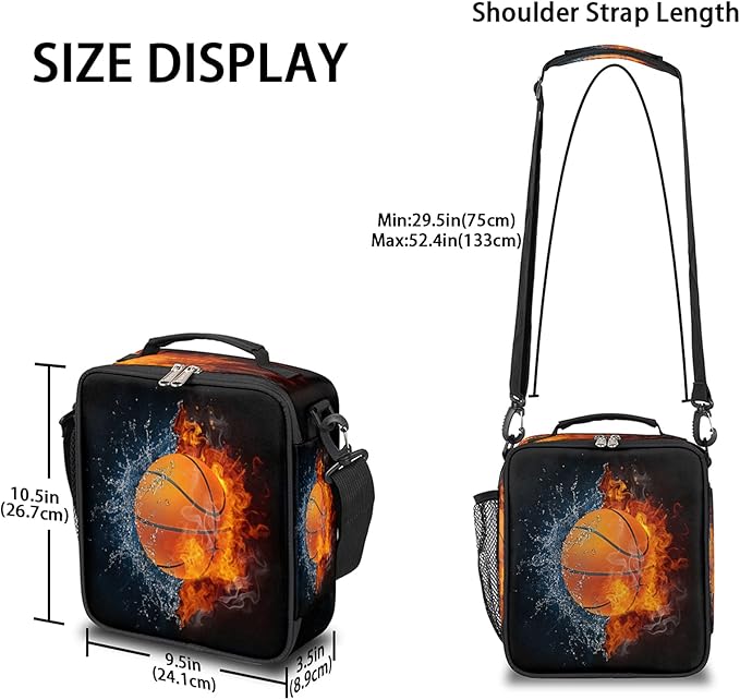Basketball Kids Lunch Box Burning Basketball Insulated Lunch Bag Tote for Girls Boys, Cooler Freezable Meal Prep Bag with Shoulder Strap Waterproof Lunch Container for School Office Picnic
