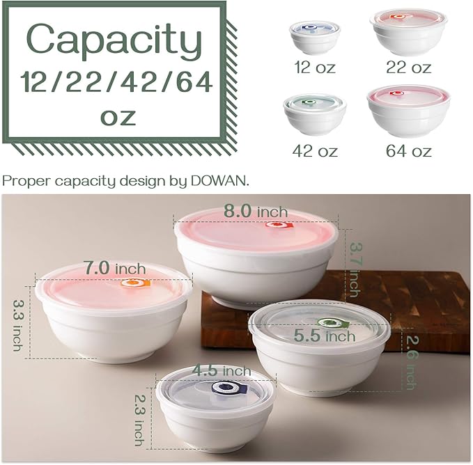 DOWAN Ceramic Bowl Set with Lids, Serving Bowls with Lids, Food Storage Container, Porcelain Prep Bowl, Small Mixing Bowls for Kitchen, Microwave & Dishwasher Safe, 64/42/22/12 Ounces, Set of 4