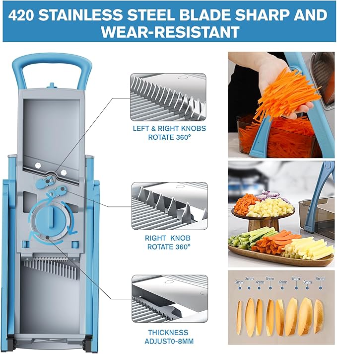 Upgraded version Mandoline Slicer for Kitchen &Safe Vegetable Chopper 5 in 1 & Adjustable mandoline slicer.Detachable Blade,Can cut slicing,strips,shredding and dicing Kitchen Veggie chopper