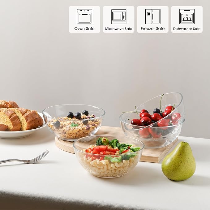 NUTRIIUPS 4 Pack Tempered Glass Prep Bowls, Clear Glass Bowl Set 6.6 Inch, Glass Salad Bowls for Kitchen Microwave and Oven Safe
