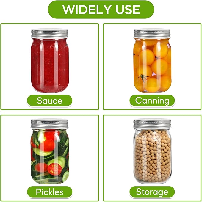 Mason Jars 16 oz with Sliver Lids, 15 Pack Canning Jars, Clear Regular Mouth Glass Jars for Canning and Fermenting, Labels & Brusher Included - Microwave & Dishwasher Safe