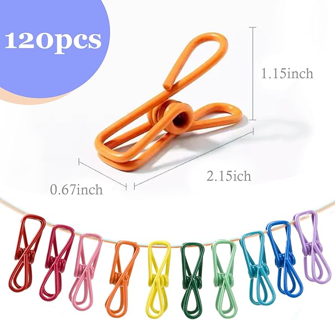 120 Pcs Chip Clips - 2 Inch Random Multi-Colored Waterproof Metal Clothes Pins for Bag, Food, Chips, Paper