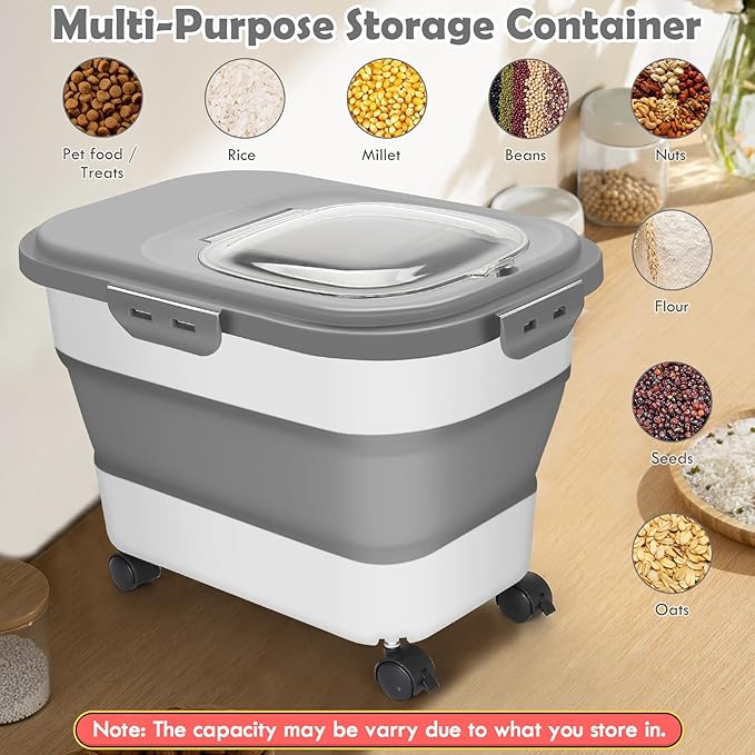 Rice Storage Container, 20Lbs Flour Container, Airtight Large Pet Dog Cat Food Storage Dispenser Bin with Wheels, Scoop & Measuring Cup, Collapsible Kitchen Dry Food Holder for Rice Cereal Kibble