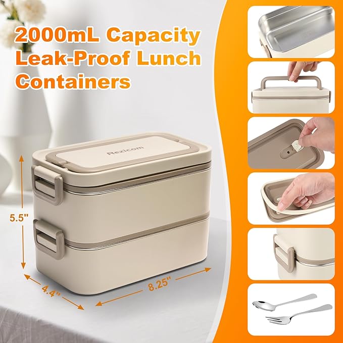 Stainless Steel Lunch Box for Kids and Adult, Two Layer 2 L Capacity Leak-Proof Bento Box for Kids, Lunch Containers for Women School Office with Stainless Steel Soup Bowl Spoon and Fork