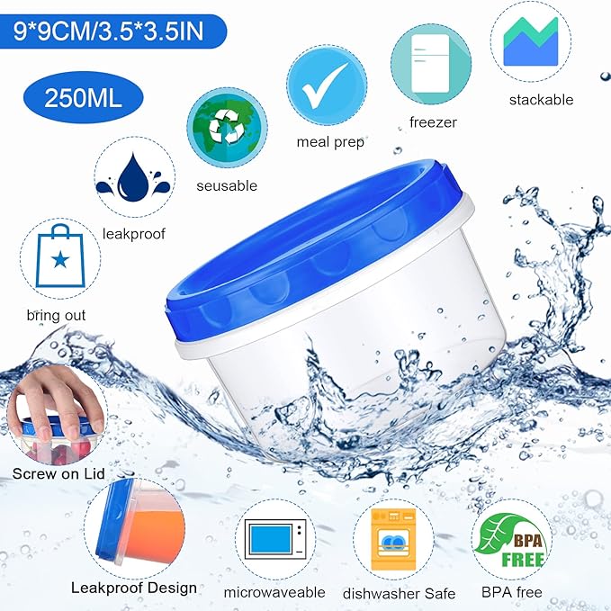 Sieral 36 Pack 8 oz/ 250 ml Freezer Containers with Lids Plastic Twist Top Deli Jars Reusable Freezer Storage Containers for Food Round Wide Mouth Lunch Snacks(Blue)