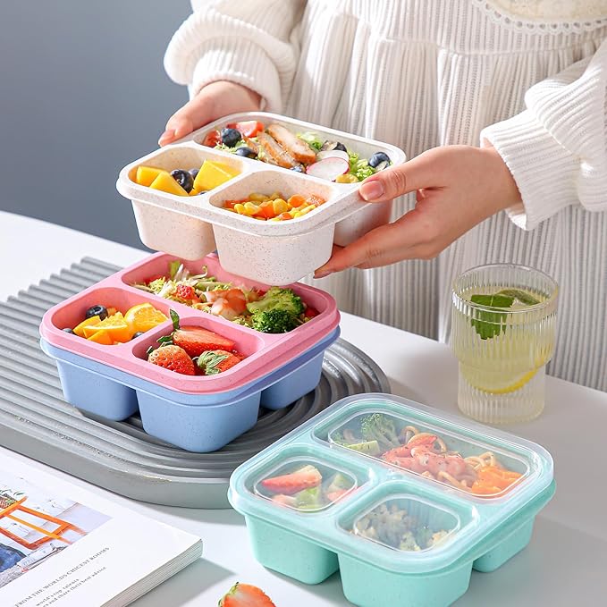8 Pack Bento Box Lunch Container for Kids with Forks, Divided Lunch Boxes Meal Prep Food Storage Containers for Adults, Reusable Portion Control Container for School Work Travel Camp (20 OZ)